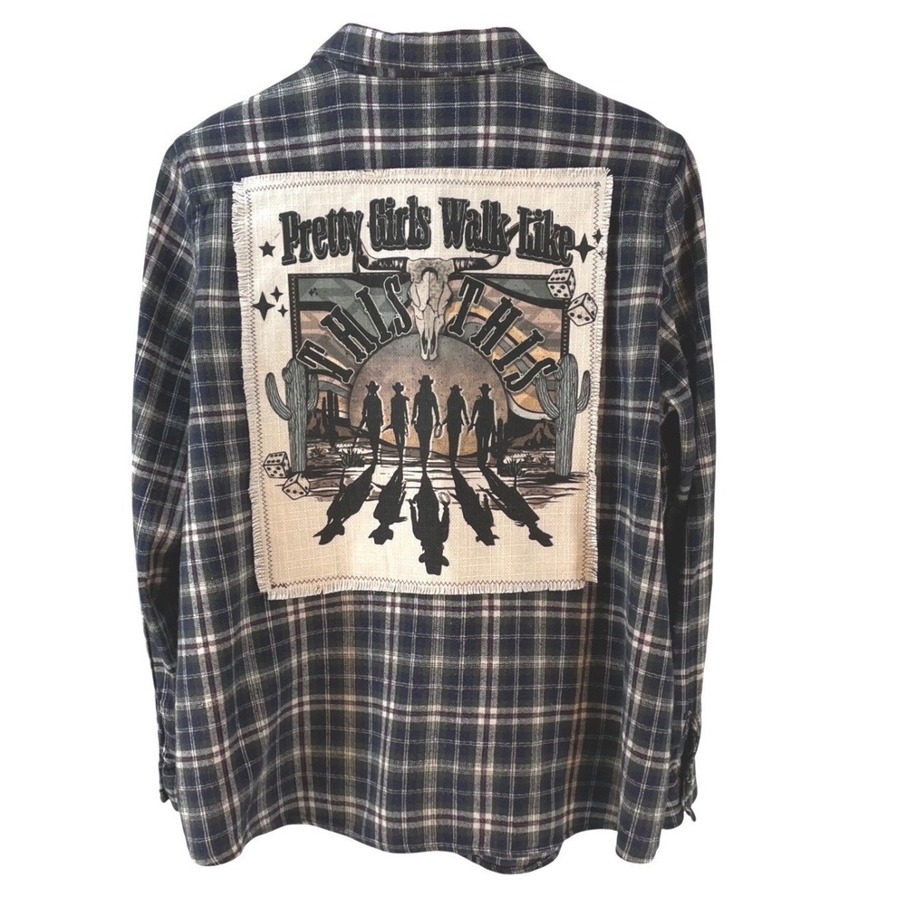 Natural Reflections XXL Blue Plaid Flannel Shirt Pretty Girls Walk Like This Art